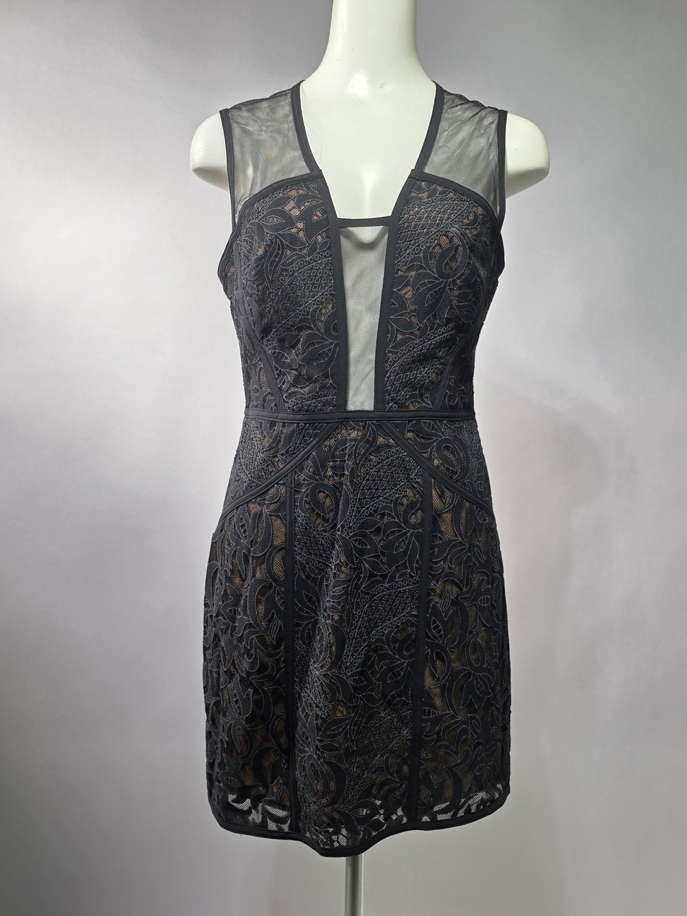 BCBGMaxAzria Black Lace Mesh Panel Mini Dress R14
